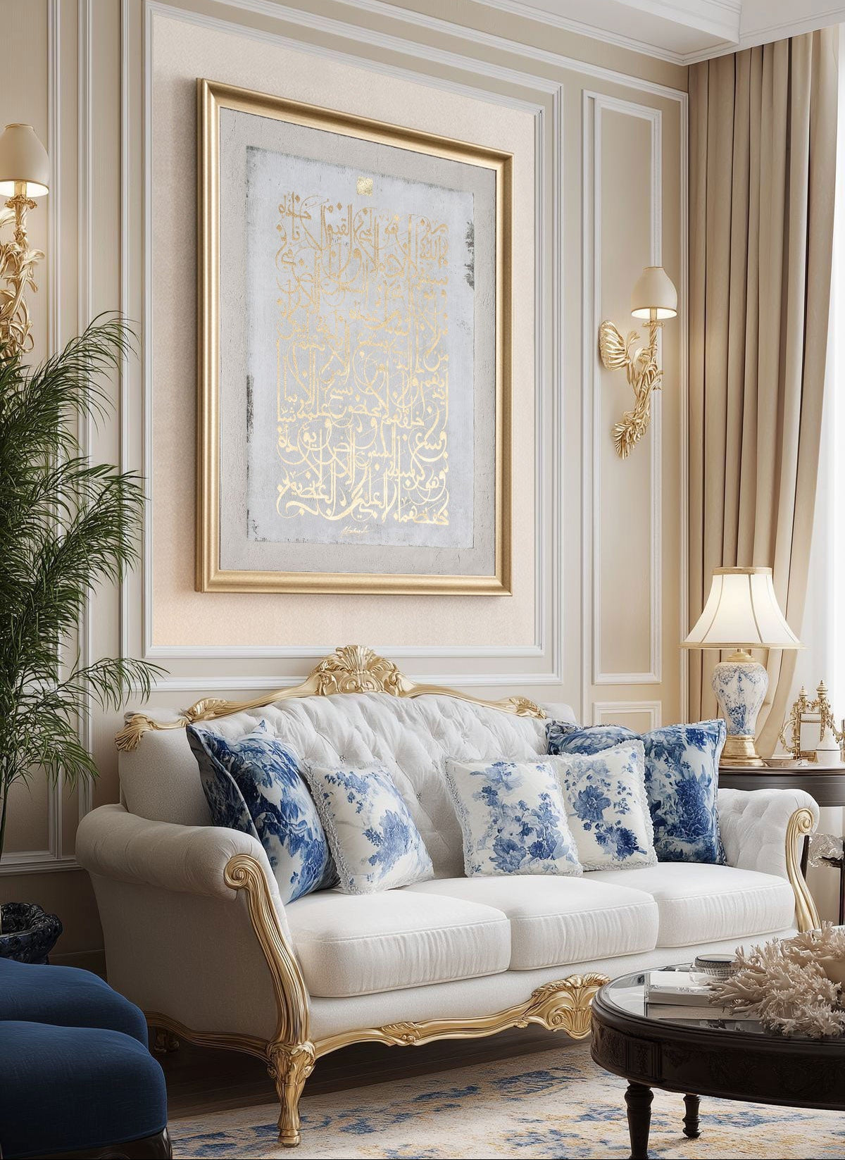 An elegant living room featuring a cream tufted sofa with ornate gold legs, decorated with blue and white patterned pillows. Above the sofa is a large framed art print with Arabic gold calligraphy on white of Ayatul Kursi in a gold frame by Helen Abbas.