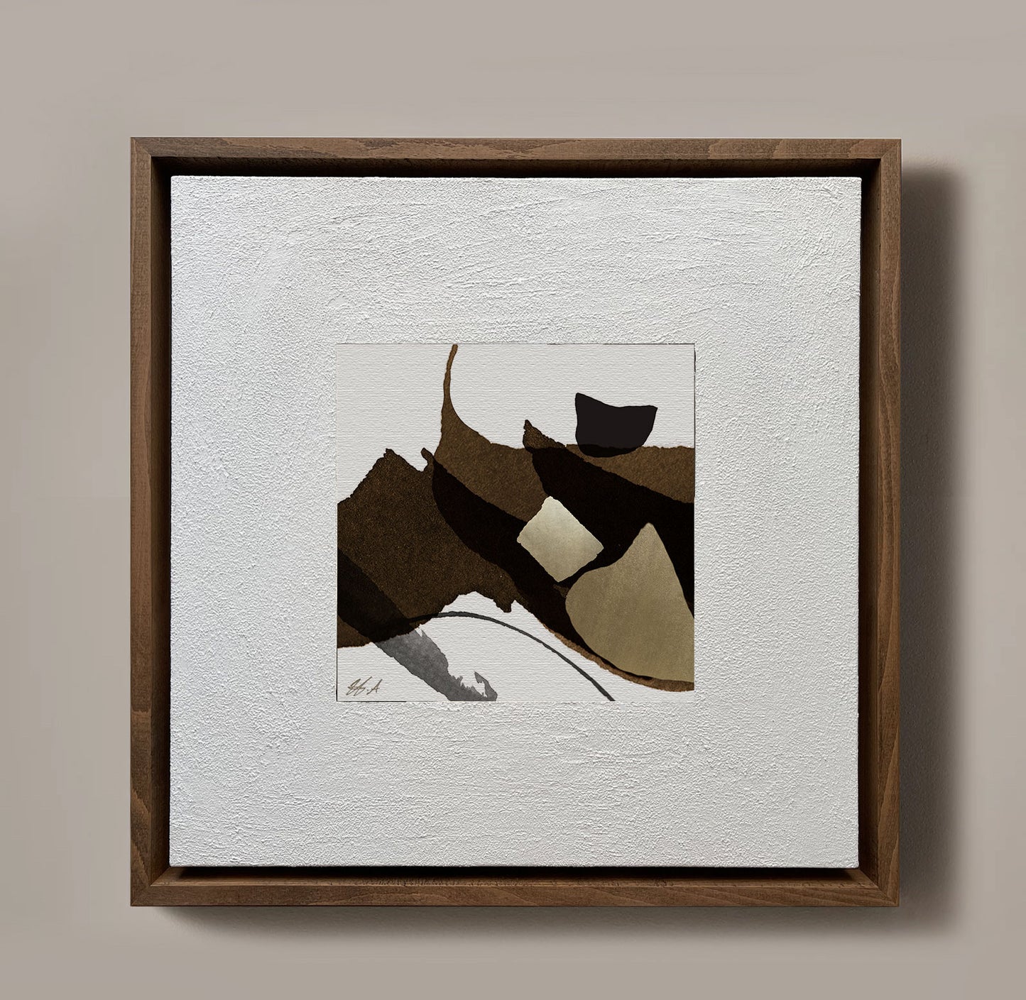Abstract Arabic letter formations framed wall art with brown brush strokes and gold leafing signed by Helen Abbas
