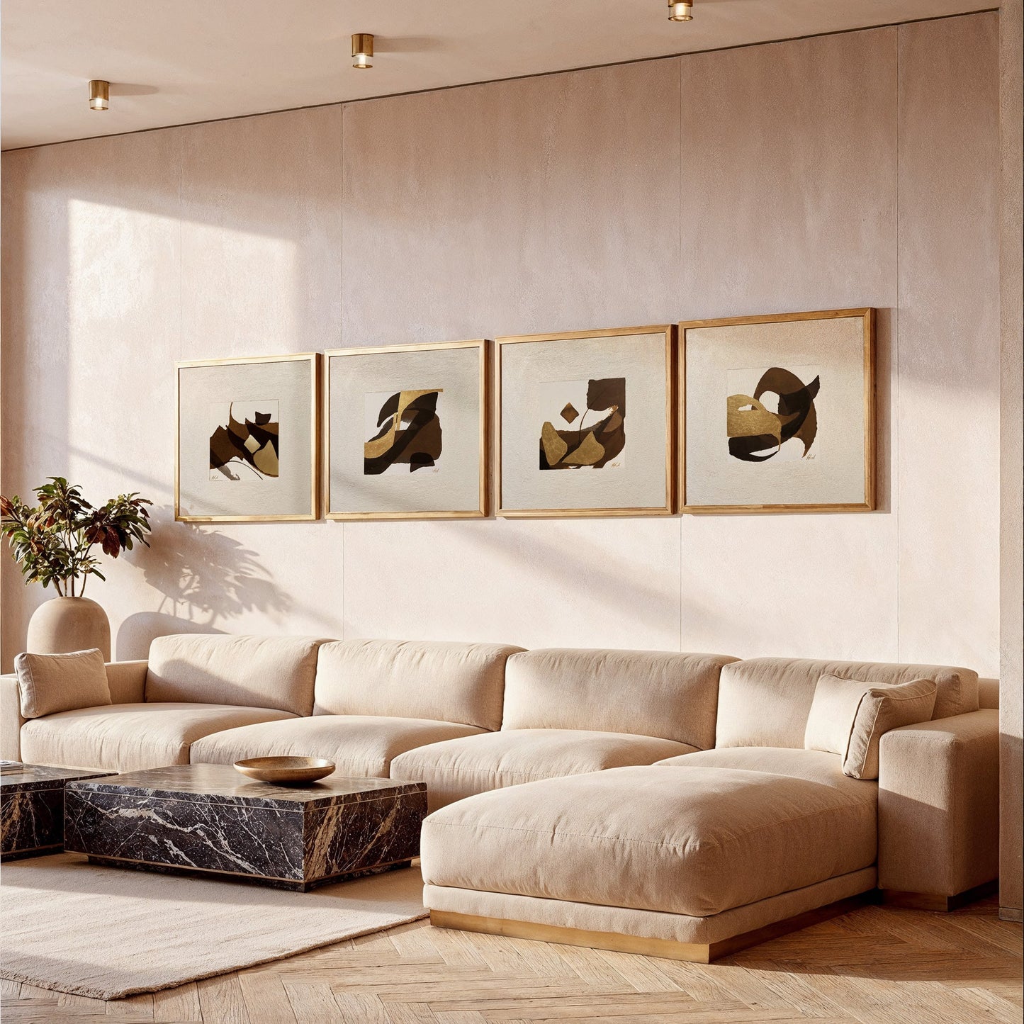 Abstract Arabic letter formations in brown with gold leafing framed wall art in a cosy modern living room with natural sunlight 