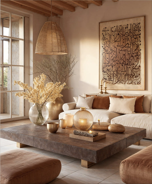 Cozy living room with a wooden coffee table, decorative vases, and a large Arabic Calligraphy wall art piece.