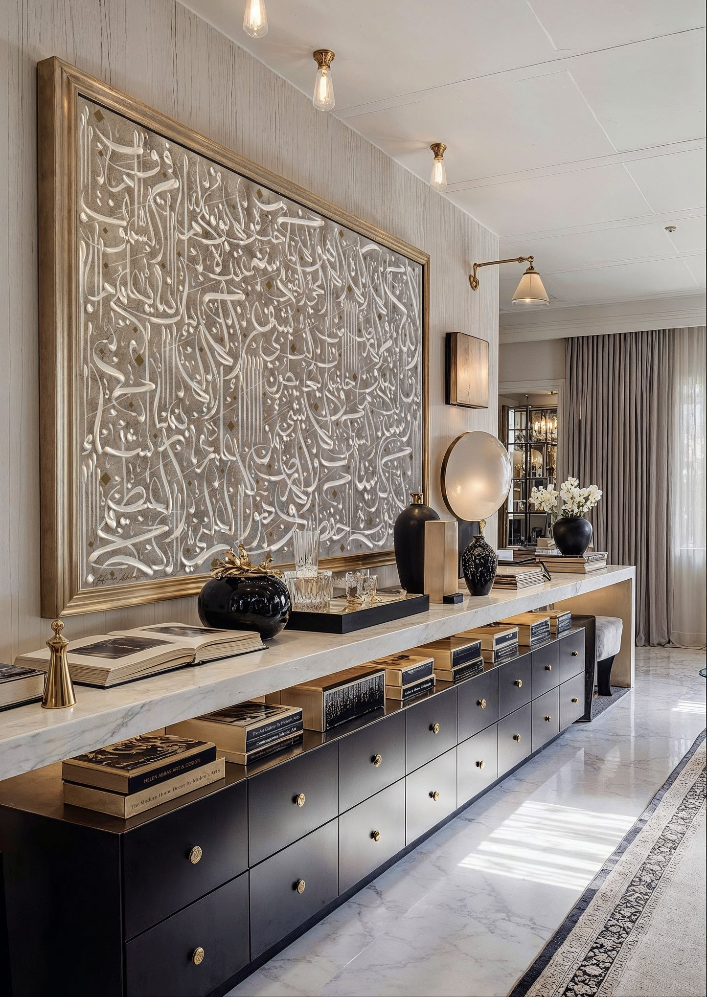 White hand painted Arabic Calligraphy wall art by Helen Abbas of Ayatul Kursi framed in a luxury contemporary living room