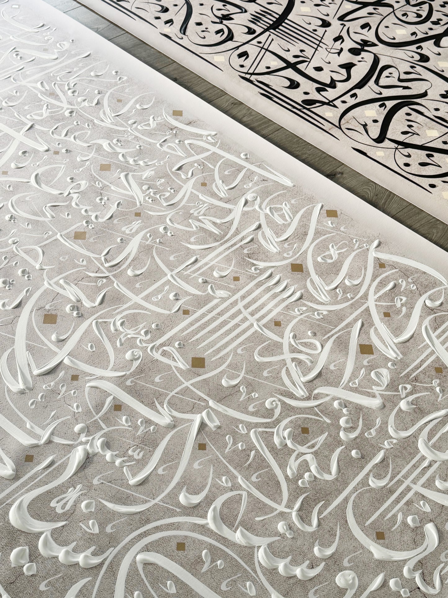 Close up detailed shot of Ayatul Kursi hand painted calligraphy wall art by Helen Abbas