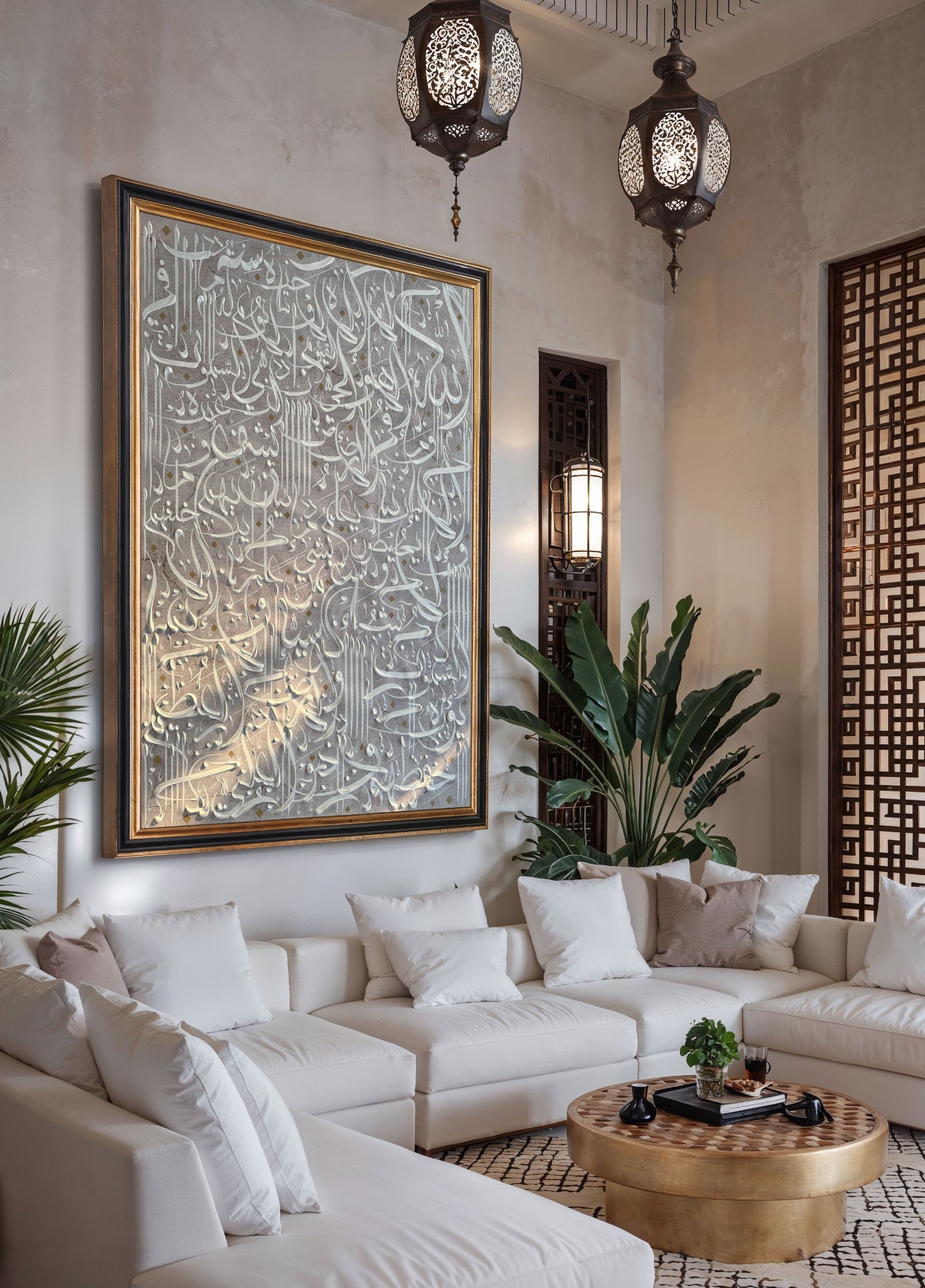 Modern living room with white sectional sofa, decorative pillows, and a large wall art piece.