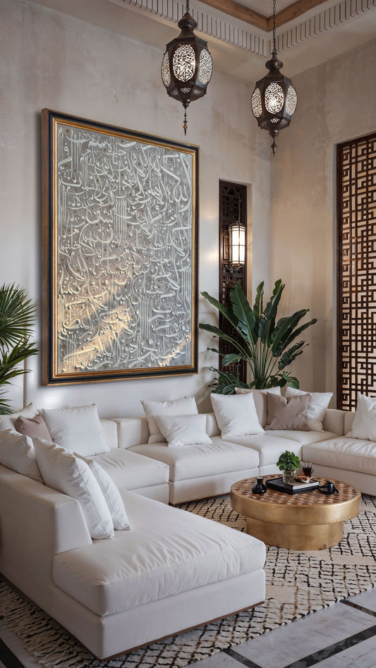 Modern living room with white sectional sofa, decorative pillows, and a large wall art piece.